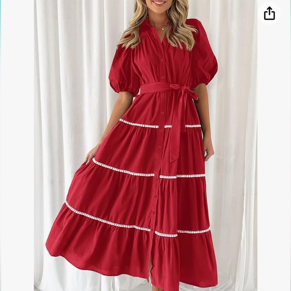 ♥️PRETTYGARDEN Womens Summer Button Down Shirt Dress Short Puffy Sleeve red - Picture 2 of 7